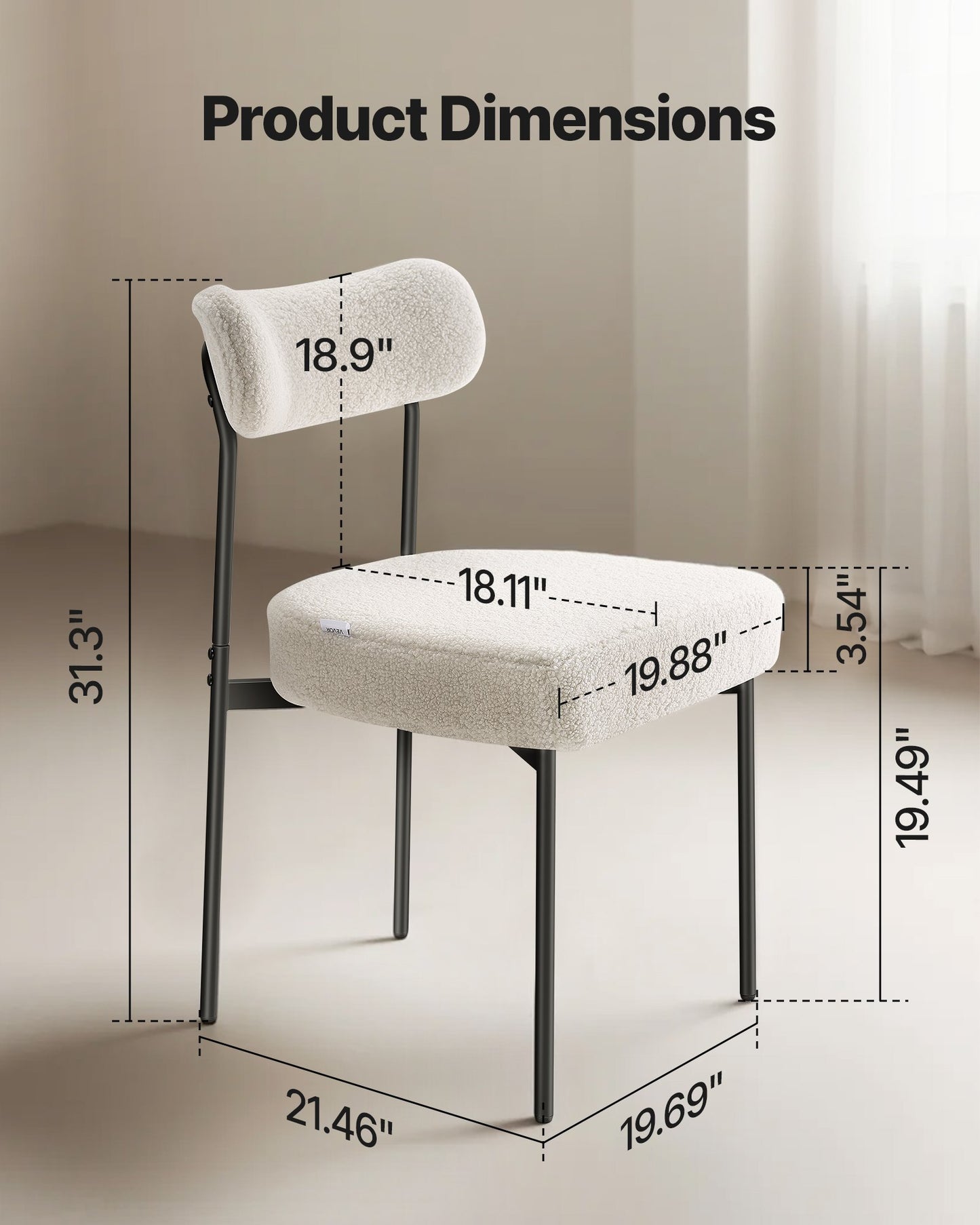 Boucle Esszimmerstühle, 4er-Set, Mid-Century Modern Sherpa Akzentstühle, gepolsterter Beistellstuhl für Esstisch, platzsparender weißer Küchentischstuhl mit geschwungener Rückenlehne und schwarzen Metallbeinen