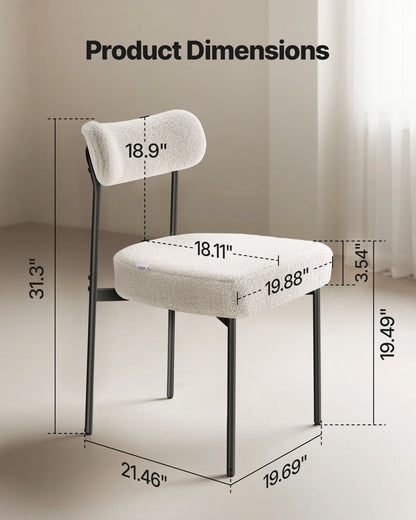 Boucle Esszimmerstühle, 2er-Set, Mid-Century Modern Sherpa Akzentstühle, gepolsterter Beistellstuhl für Esstisch, platzsparender weißer Küchentischstuhl mit geschwungener Rückenlehne und schwarzen Metallbeinen