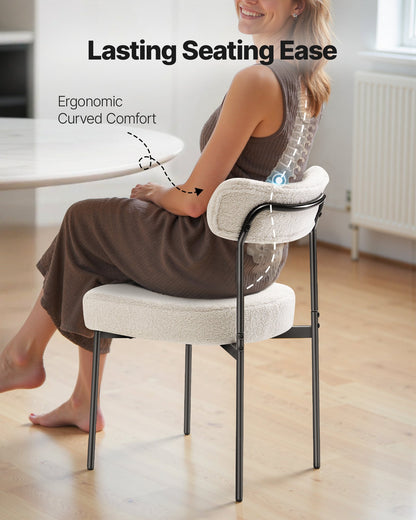 Boucle Esszimmerstühle, 2er-Set, Mid-Century Modern Sherpa Akzentstühle, gepolsterter Beistellstuhl für Esstisch, platzsparender weißer Küchentischstuhl mit geschwungener Rückenlehne und schwarzen Metallbeinen