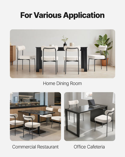 Boucle Esszimmerstühle, 2er-Set, Mid-Century Modern Sherpa Akzentstühle, gepolsterter Beistellstuhl für Esstisch, platzsparender weißer Küchentischstuhl mit geschwungener Rückenlehne und schwarzen Metallbeinen