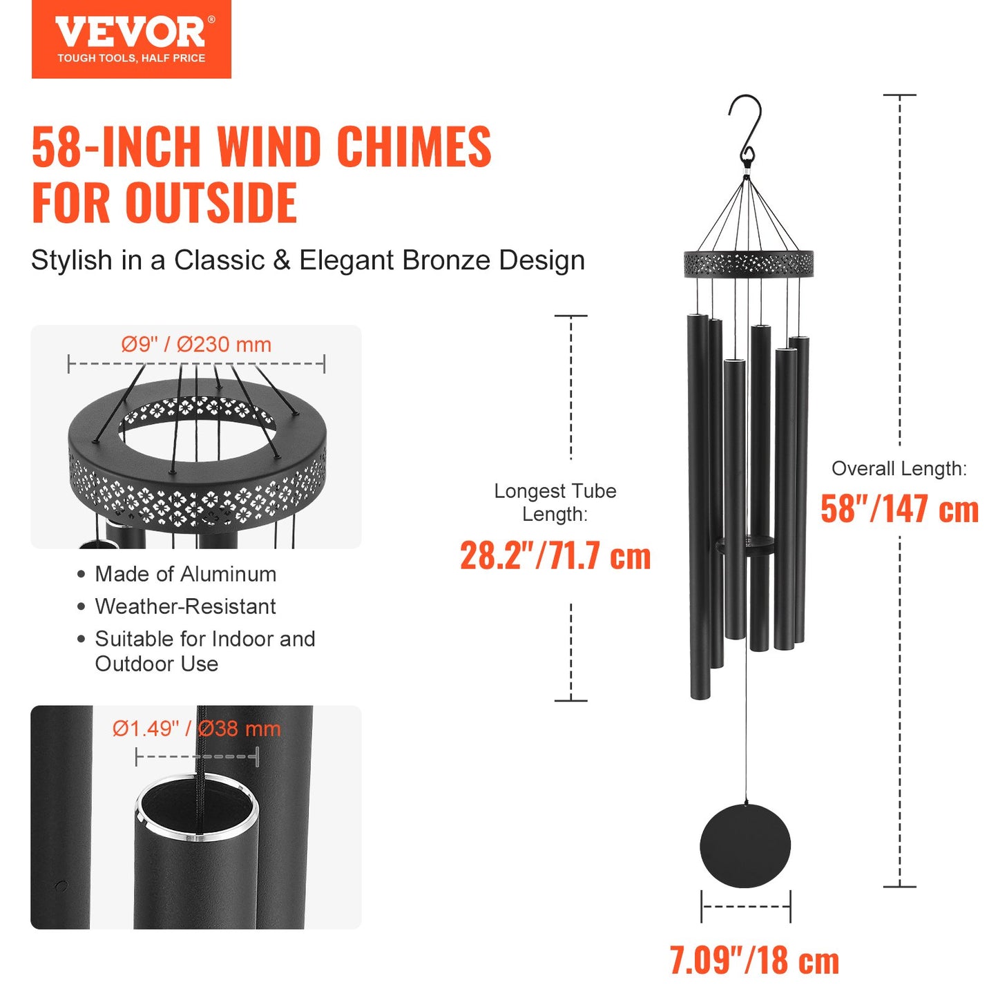 Wind Chimes for Outside, 1473 mm, Deep Tone Wind Chimes with 6 Tubes, Unique Large Memorial Wind Chimes for Anniversary, Amazing Outdoor Decor for Your Patio, Porch, Garden and Backyard, Black