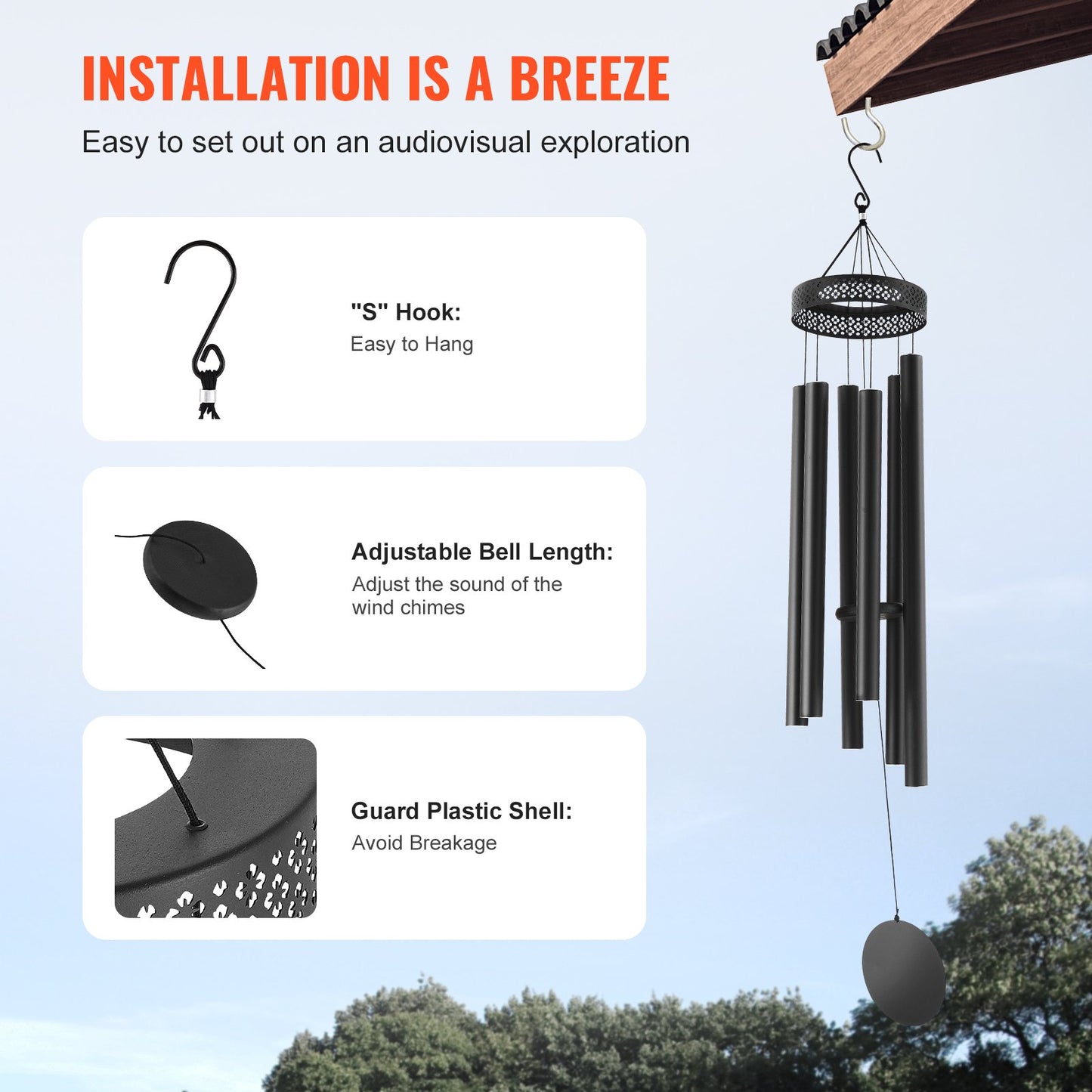 Wind Chimes for Outside, 1473 mm, Deep Tone Wind Chimes with 6 Tubes, Unique Large Memorial Wind Chimes for Anniversary, Amazing Outdoor Decor for Your Patio, Porch, Garden and Backyard, Black