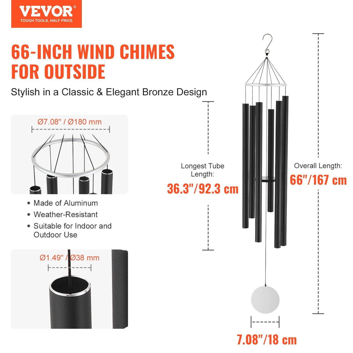 Wind Chimes for Outside, 1677 mm, Deep Tone Wind Chimes with 6 Tubes, Unique Large Memorial Wind Chimes for Anniversary, Amazing Outdoor Decor for Your Patio, Porch, Garden and Backyard, Black