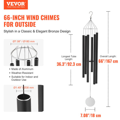 Wind Chimes for Outside, 1677 mm, Deep Tone Wind Chimes with 6 Tubes, Unique Large Memorial Wind Chimes for Anniversary, Amazing Outdoor Decor for Your Patio, Porch, Garden and Backyard, Black