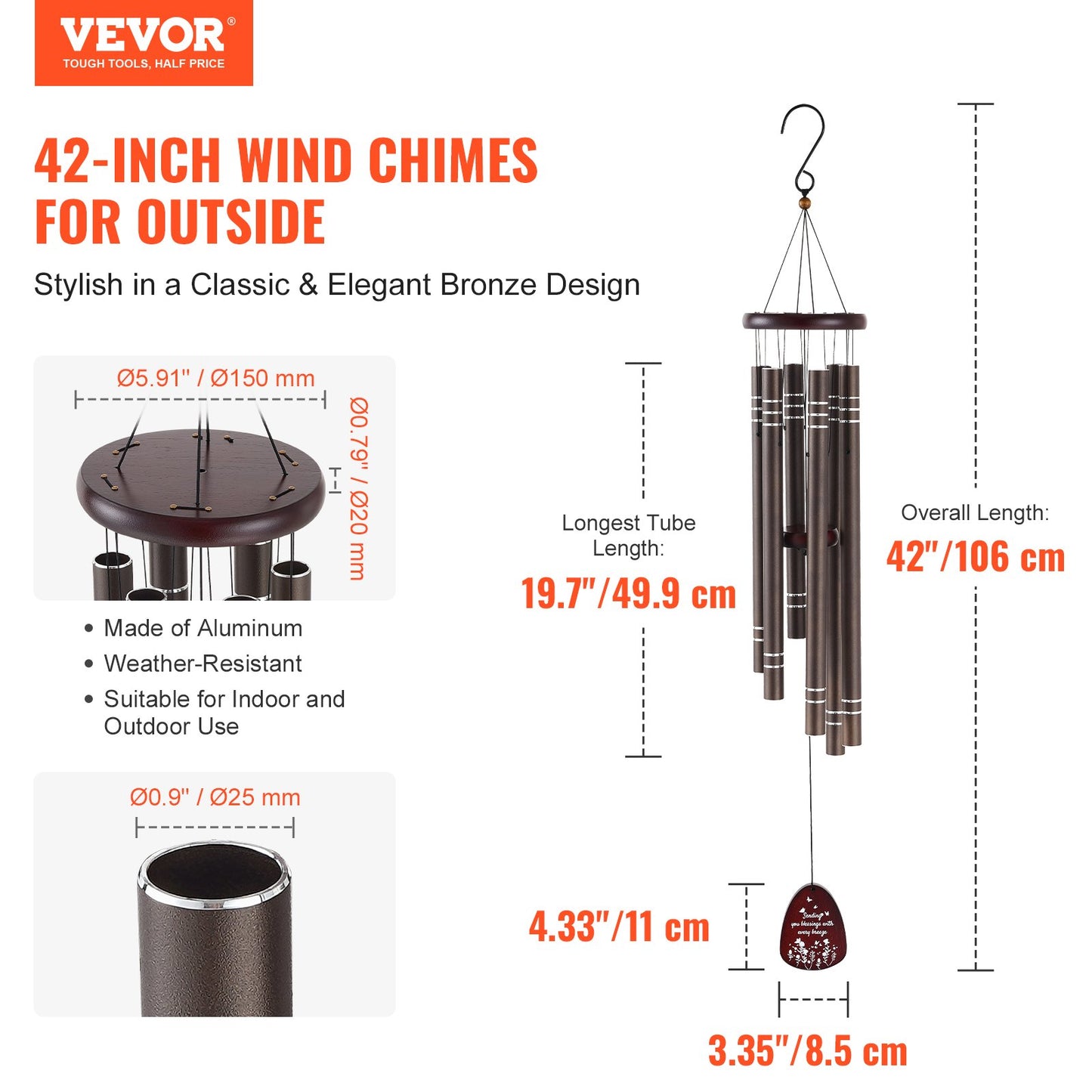 Wind Chimes for Outside, 1067 mm, Deep Tone Wind Chimes with 6 Tubes, Unique Large Memorial Wind Chimes for Anniversary, Grace Outdoor Decor for Your Patio, Porch, Garden & Backyard, Dark Brown