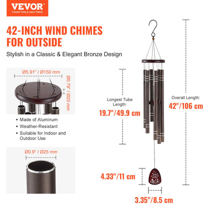 Wind Chimes for Outside, 1067 mm, Deep Tone Wind Chimes with 6 Tubes, Unique Large Memorial Wind Chimes for Anniversary, Grace Outdoor Decor for Your Patio, Porch, Garden & Backyard, Dark Brown