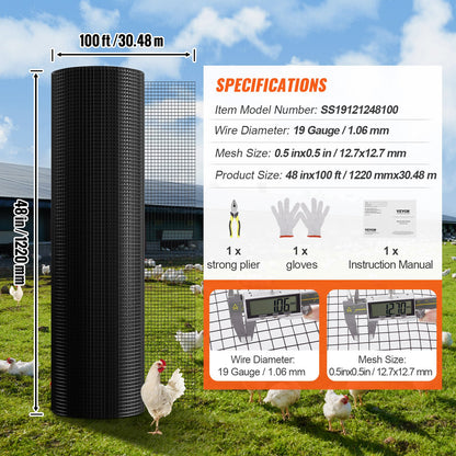 Hardware Cloth, 1220 x 30480 mm Galvanized Wire Mesh Roll, 19 Gauge Chicken Wire Fence Roll, Vinyl Coating Metal Wire Mesh for Chicken Coop Barrier, Rabbit Snake Fences, Poultry Enclosures