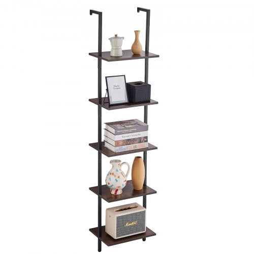 Ladder Shelf, 5-Tier Bookshelf 15.6x11.8in, Open Wall-Mounted Ladder Shelf with Metal Frame,Storage Rack Sundries Holder for Kitchen Bedroom Bathroom Living Room, Black