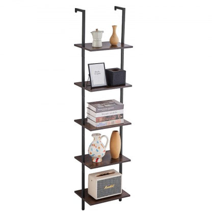 Ladder Shelf, 5-Tier Bookshelf 15.6x11.8in, Open Wall-Mounted Ladder Shelf with Metal Frame,Storage Rack Sundries Holder for Kitchen Bedroom Bathroom Living Room, Black
