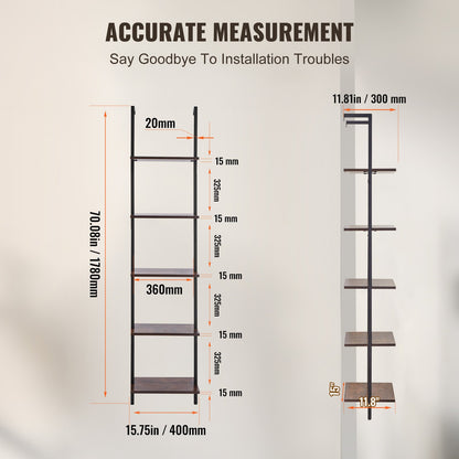 Ladder Shelf, 5-Tier Bookshelf 15.6x11.8in, Open Wall-Mounted Ladder Shelf with Metal Frame,Storage Rack Sundries Holder for Kitchen Bedroom Bathroom Living Room, Black