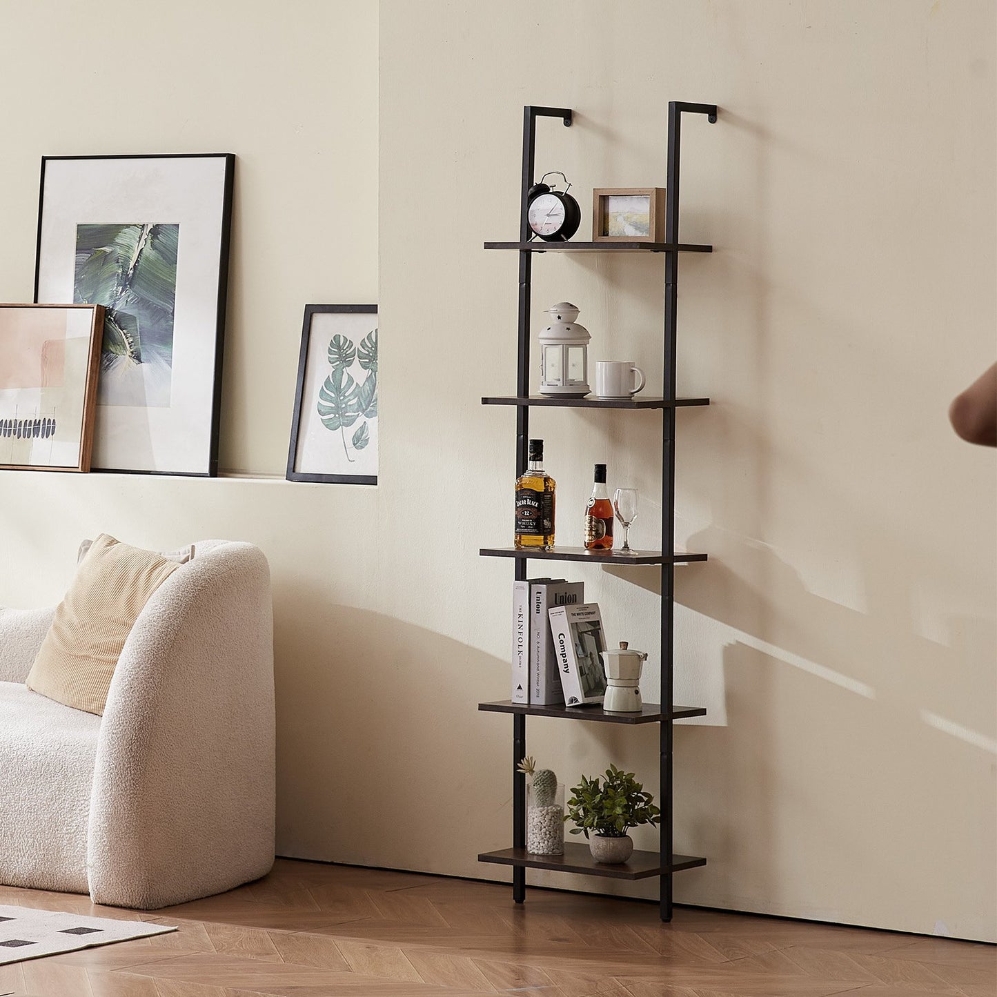 Ladder Shelf, 5-Tier Bookshelf 15.6x11.8in, Open Wall-Mounted Ladder Shelf with Metal Frame,Storage Rack Sundries Holder for Kitchen Bedroom Bathroom Living Room, Black