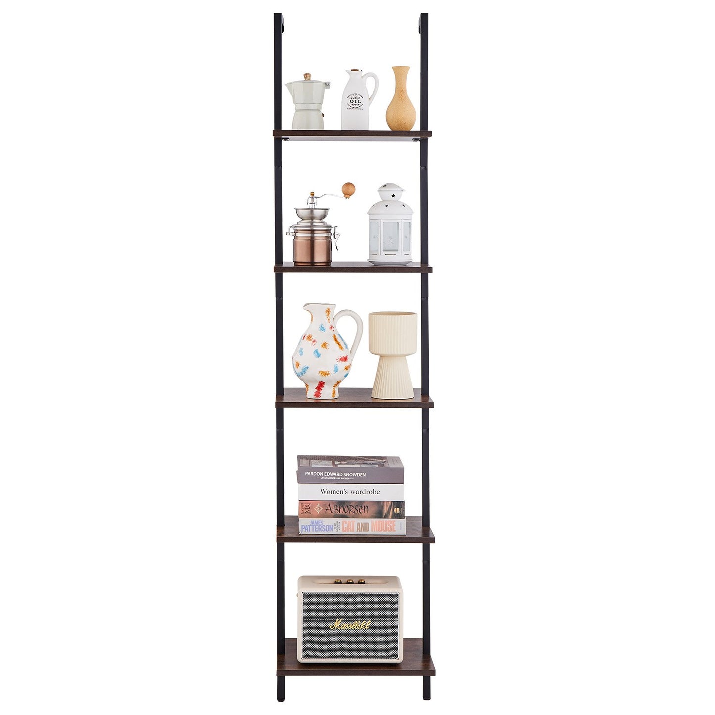 Ladder Shelf, 5-Tier Bookshelf 15.6x11.8in, Open Wall-Mounted Ladder Shelf with Metal Frame,Storage Rack Sundries Holder for Kitchen Bedroom Bathroom Living Room, Black