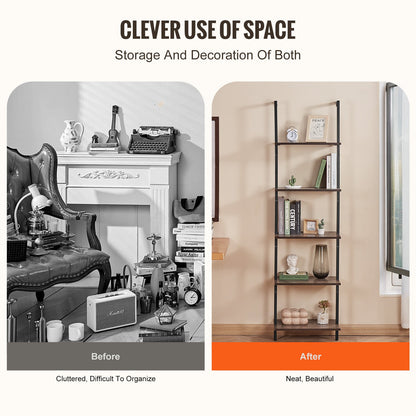 Ladder Shelf, 5-Tier Bookshelf 17.3x11.8in, Open Wall-Mounted Ladder Shelf with Metal Frame,Storage Rack Sundries Holder for Kitchen Bedroom Bathroom Living Room, Black