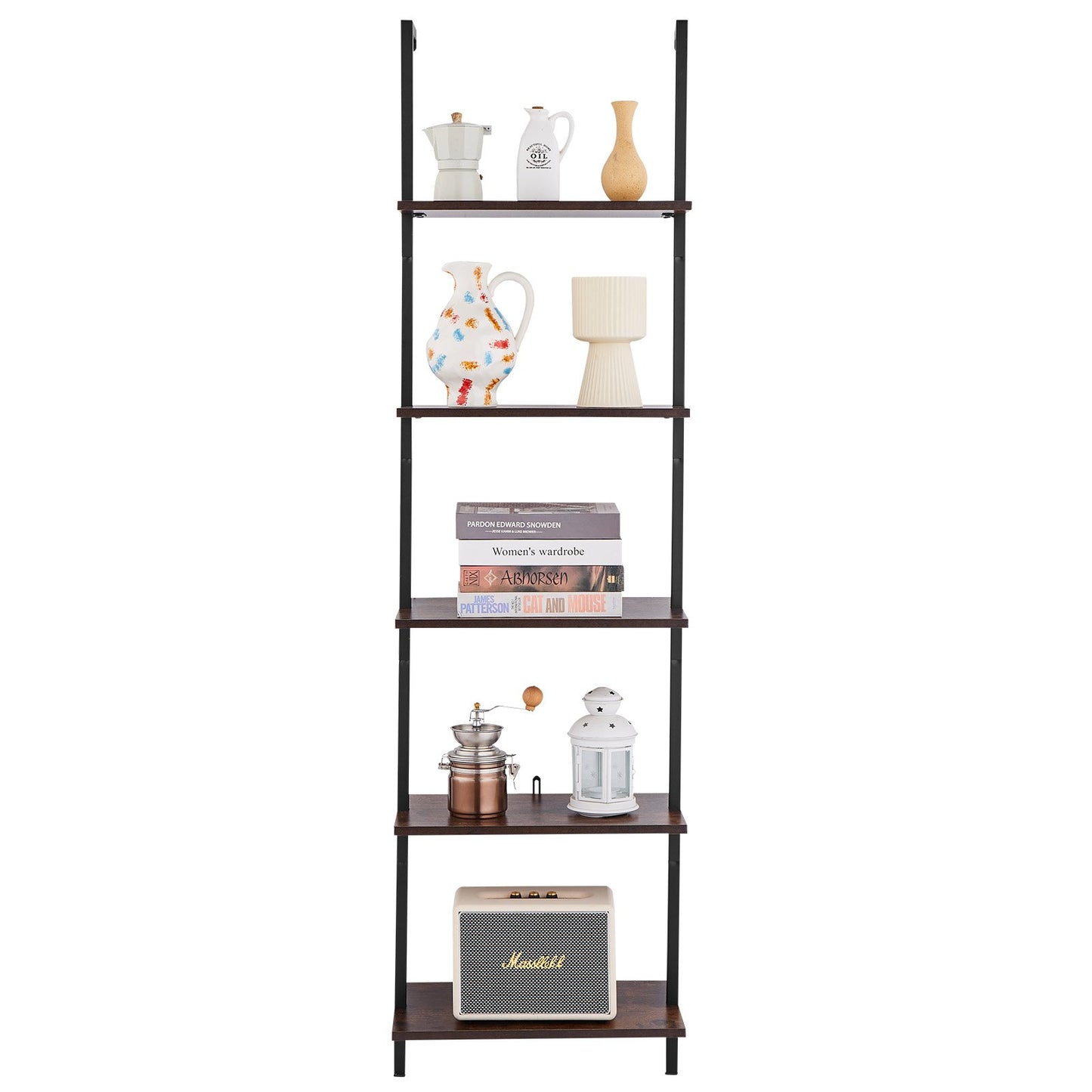 Ladder Shelf, 5-Tier Bookshelf 17.3x11.8in, Open Wall-Mounted Ladder Shelf with Metal Frame,Storage Rack Sundries Holder for Kitchen Bedroom Bathroom Living Room, Black