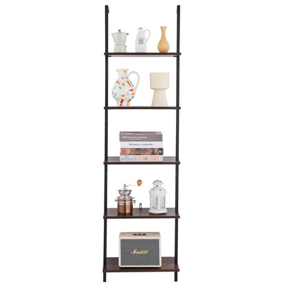 Ladder Shelf, 5-Tier Bookshelf 17.3x11.8in, Open Wall-Mounted Ladder Shelf with Metal Frame,Storage Rack Sundries Holder for Kitchen Bedroom Bathroom Living Room, Black
