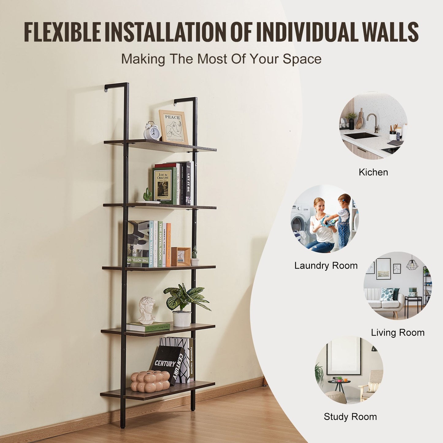 Ladder Shelf, 5-Tier Bookshelf 24x11.8in, Open Wall-Mounted Ladder Shelf with Metal Frame,Storage Rack Sundries Holder for Kitchen Bedroom Bathroom Living Room, Black