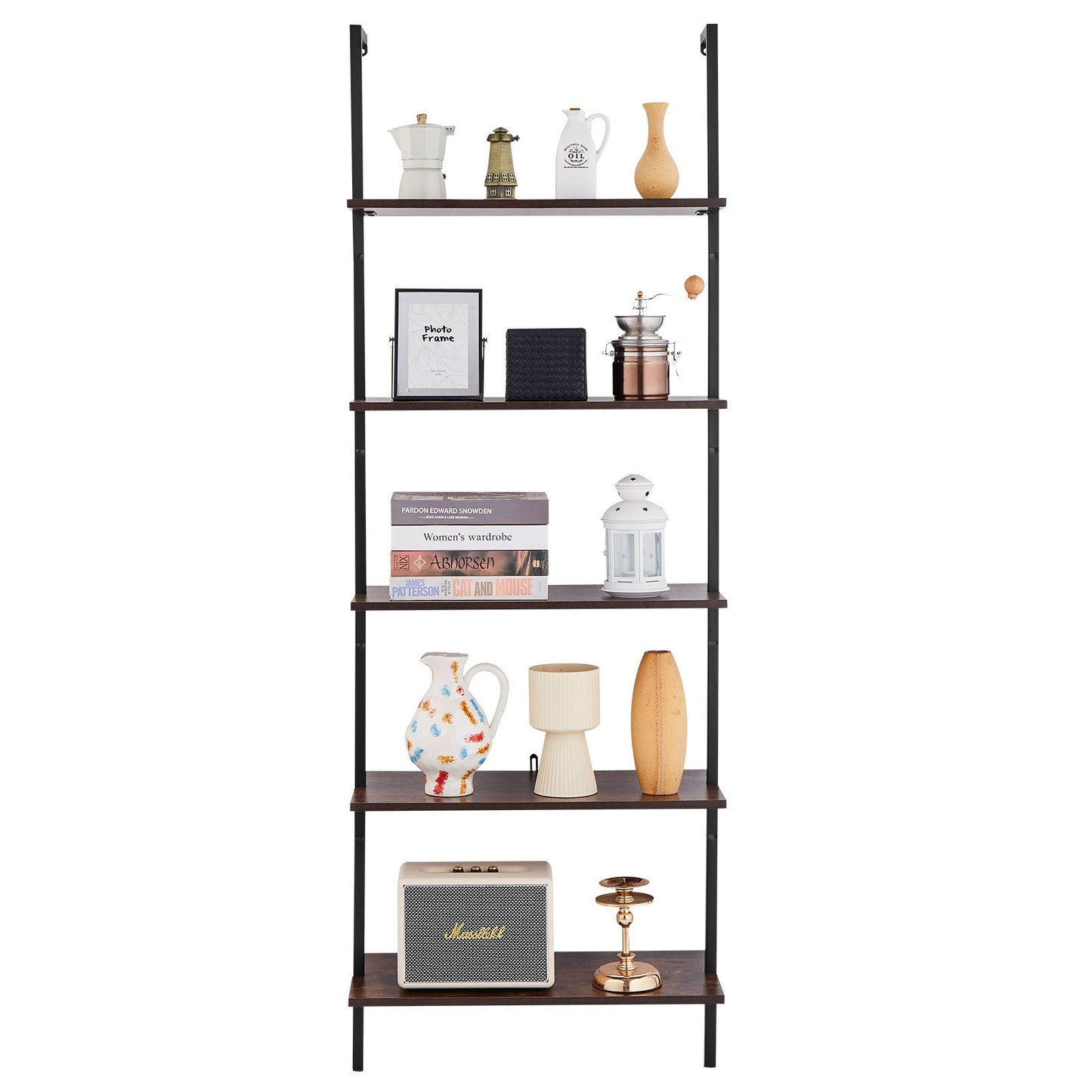 Ladder Shelf, 5-Tier Bookshelf 24x11.8in, Open Wall-Mounted Ladder Shelf with Metal Frame,Storage Rack Sundries Holder for Kitchen Bedroom Bathroom Living Room, Black