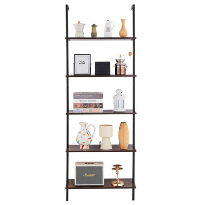 Ladder Shelf, 5-Tier Bookshelf 24x11.8in, Open Wall-Mounted Ladder Shelf with Metal Frame,Storage Rack Sundries Holder for Kitchen Bedroom Bathroom Living Room, Black