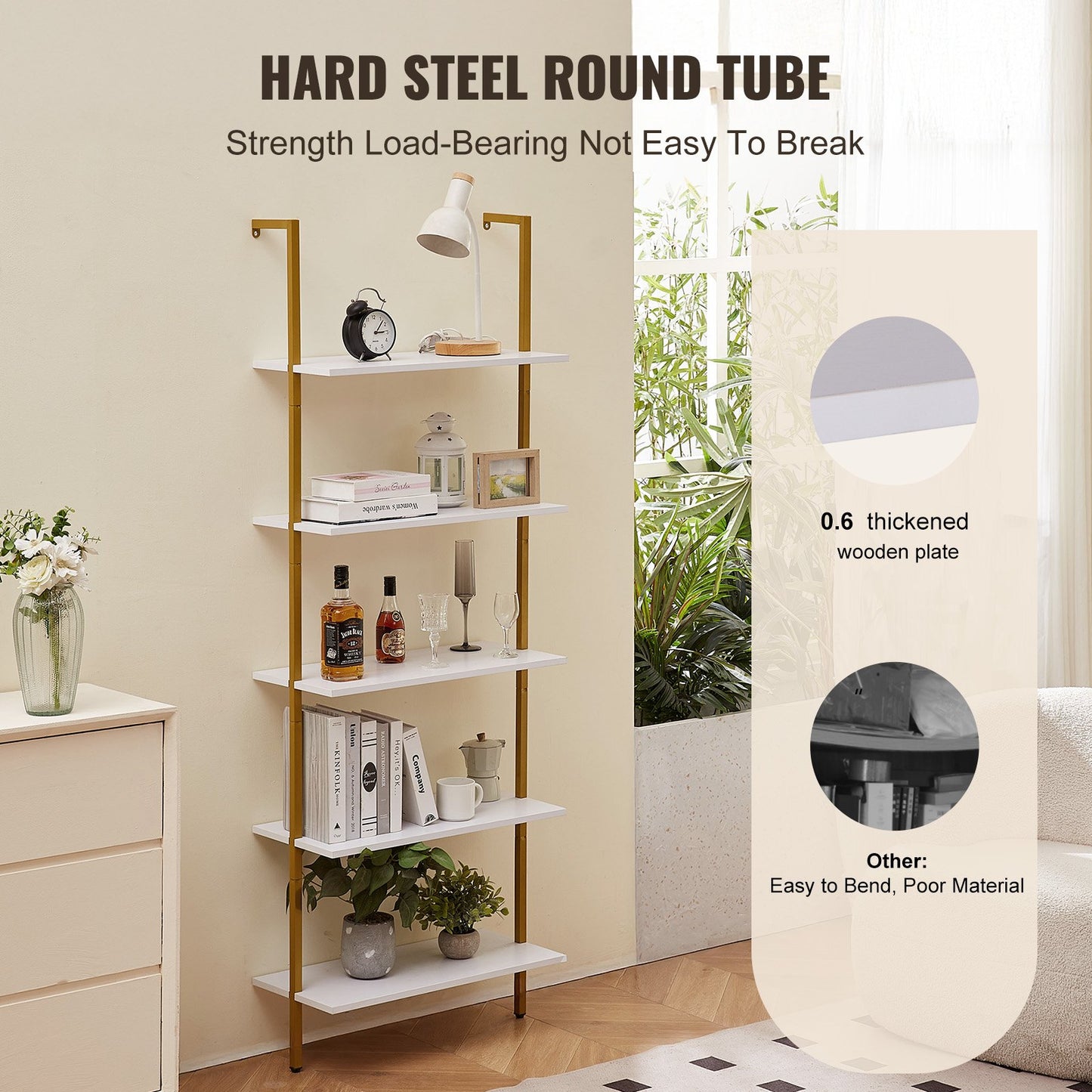 Ladder Shelf, 5-Tier Bookshelf 24x11.8in, Open Wall-Mounted Ladder Shelf with Metal Frame,Storage Rack Sundries Holder for Kitchen Bedroom Bathroom Living Room, Gold White