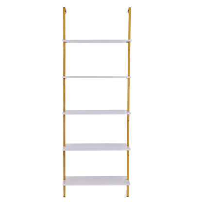 Ladder Shelf, 5-Tier Bookshelf 24x11.8in, Open Wall-Mounted Ladder Shelf with Metal Frame,Storage Rack Sundries Holder for Kitchen Bedroom Bathroom Living Room, Gold White