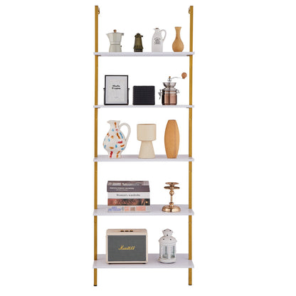 Ladder Shelf, 5-Tier Bookshelf 24x11.8in, Open Wall-Mounted Ladder Shelf with Metal Frame,Storage Rack Sundries Holder for Kitchen Bedroom Bathroom Living Room, Gold White