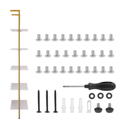 Ladder Shelf, 5-Tier Bookshelf 24x11.8in, Open Wall-Mounted Ladder Shelf with Metal Frame,Storage Rack Sundries Holder for Kitchen Bedroom Bathroom Living Room, Gold White