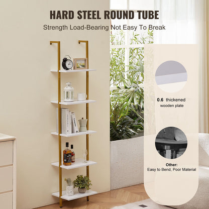 Leiterregal, 5-stöckig, 39,6 x 30 cm, offenes Wandregal mit Metallrahmen, Aufbewahrungsregal für Küche, Schlafzimmer, Badezimmer und Wohnzimmer, Goldweiß