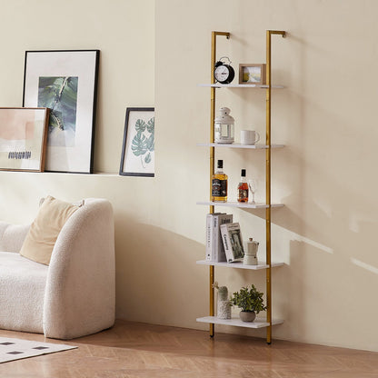 Leiterregal, 5-stöckig, 39,6 x 30 cm, offenes Wandregal mit Metallrahmen, Aufbewahrungsregal für Küche, Schlafzimmer, Badezimmer und Wohnzimmer, Goldweiß