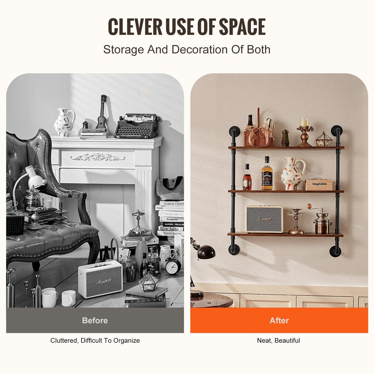 Industrial Pipe Shelf, 3 Tier 32x7.87in, Wall-Mount Floating Rustic Wood Shelves Bracket Display Bookshelf, Storage Rack Sundries Holder for Kitchen Bedroom Bathroom Living Room, Black