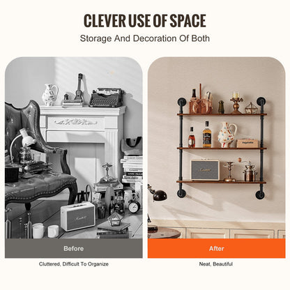 Industrial Pipe Shelf, 3 Tier 32x7.87in, Wall-Mount Floating Rustic Wood Shelves Bracket Display Bookshelf, Storage Rack Sundries Holder for Kitchen Bedroom Bathroom Living Room, Black