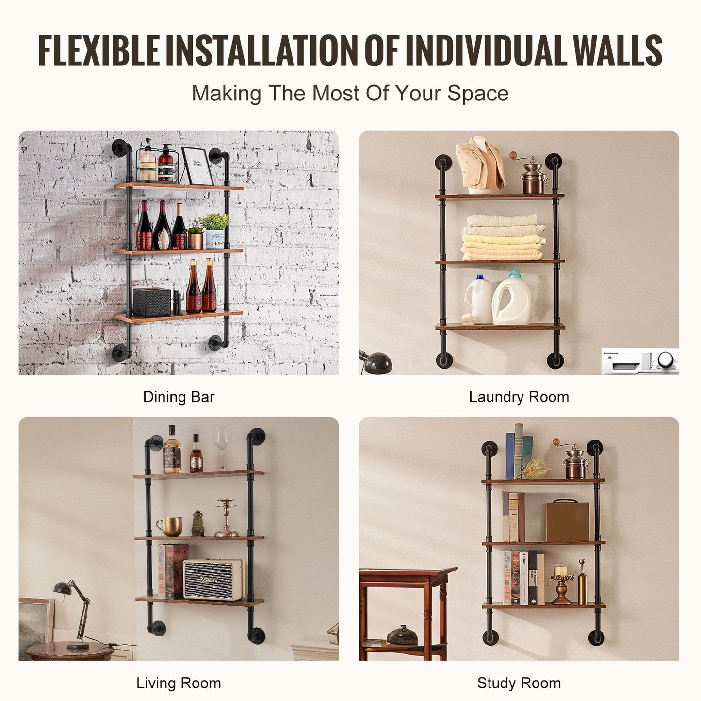 Industrielles Rohrregal, 3-stufig, 61 x 20 cm, Wandmontage, schwebendes rustikales Holzregal, Halterung für Bücher, Aufbewahrungsregal für Küchen, Schlafzimmer, Badezimmer und Wohnzimmer, Schwarz