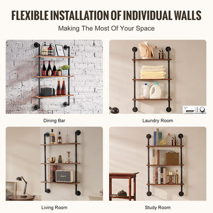 Industrielles Rohrregal, 3-stufig, 61 x 20 cm, Wandmontage, schwebendes rustikales Holzregal, Halterung für Bücher, Aufbewahrungsregal für Küchen, Schlafzimmer, Badezimmer und Wohnzimmer, Schwarz