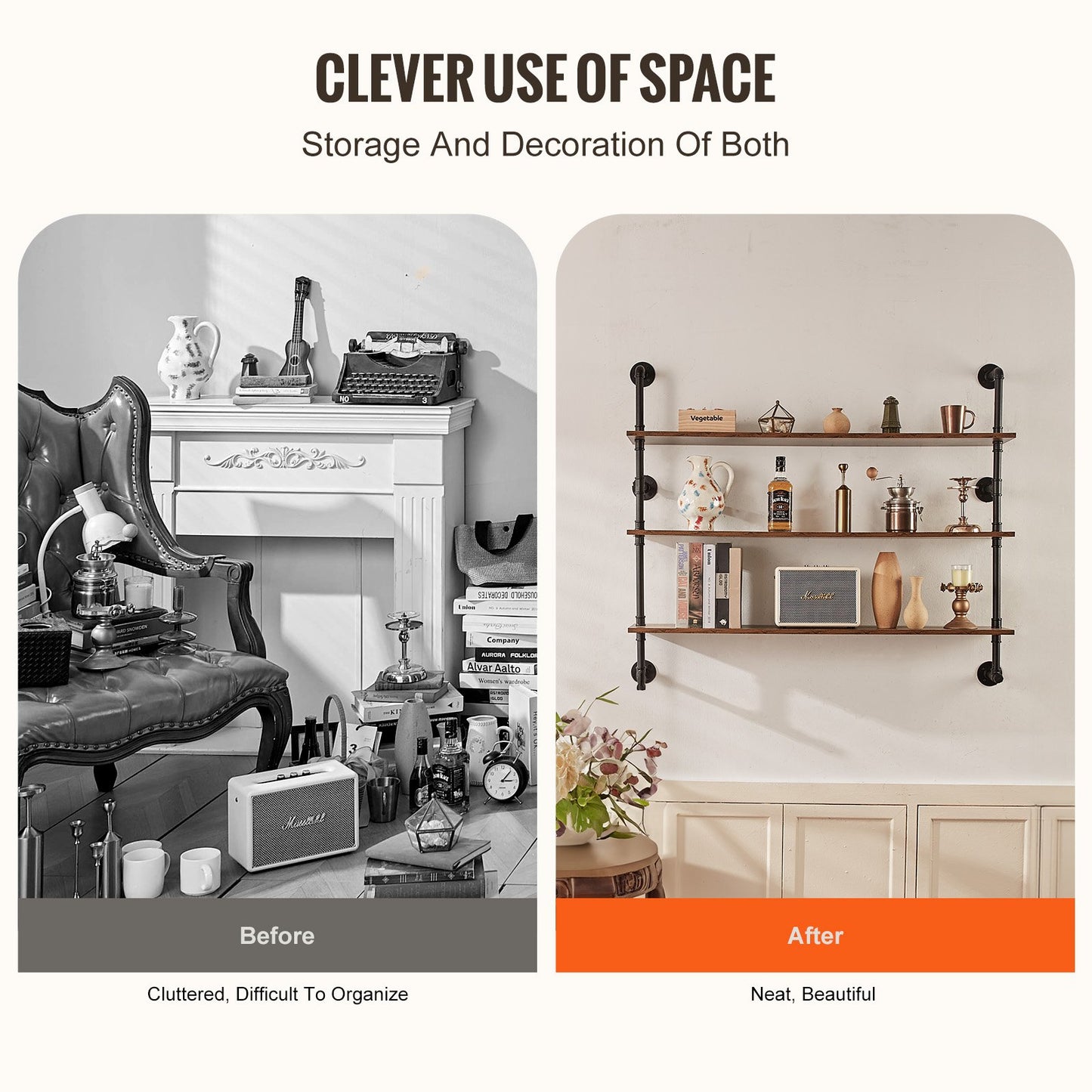 Industrielles Rohrregal, 3-stufig, 122 x 25 cm, Wandmontage, schwebendes rustikales Holzregal, Halterung für Bücher, Aufbewahrungsregal für Küchen, Schlafzimmer, Badezimmer und Wohnzimmer, Schwarz