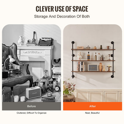 Industrielles Rohrregal, 3-stufig, 122 x 25 cm, Wandmontage, schwebendes rustikales Holzregal, Halterung für Bücher, Aufbewahrungsregal für Küchen, Schlafzimmer, Badezimmer und Wohnzimmer, Schwarz