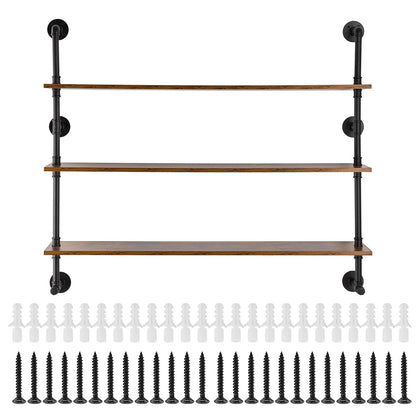 Industrielles Rohrregal, 3-stufig, 122 x 25 cm, Wandmontage, schwebendes rustikales Holzregal, Halterung für Bücher, Aufbewahrungsregal für Küchen, Schlafzimmer, Badezimmer und Wohnzimmer, Schwarz