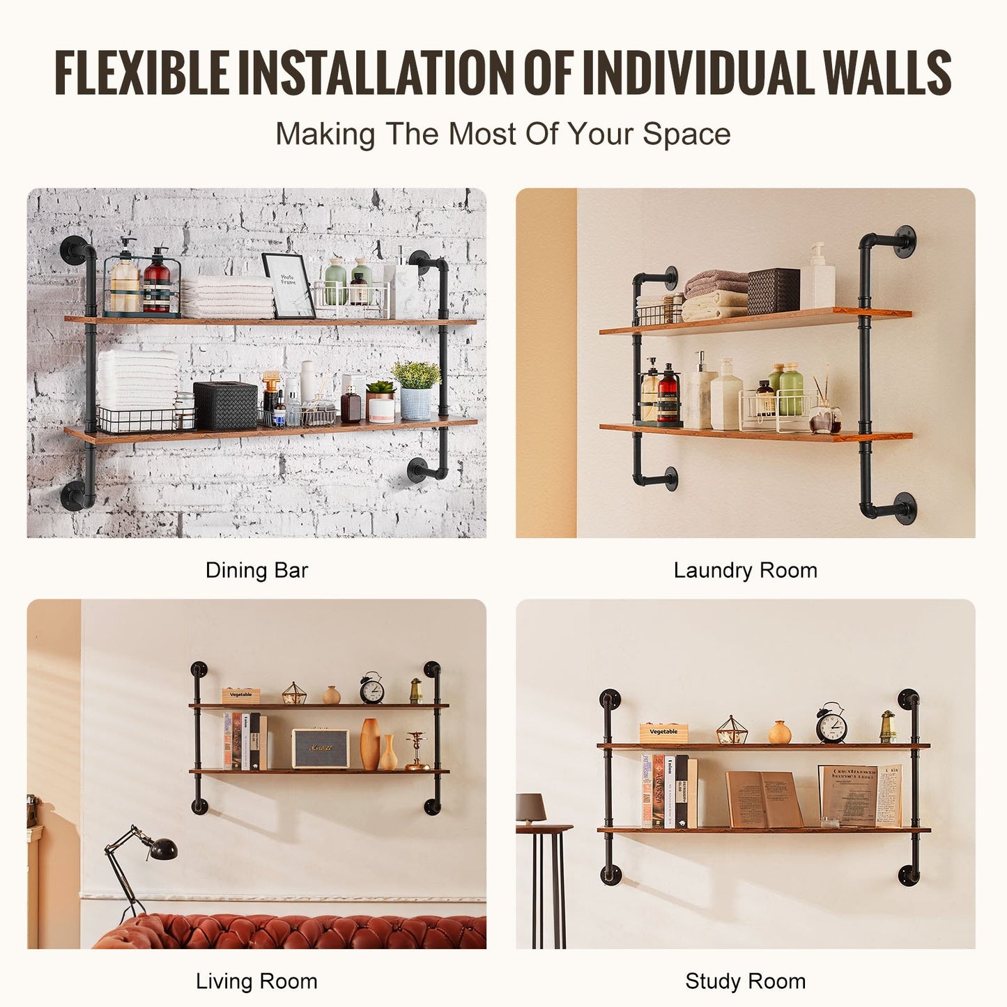 Industrielles Rohrregal, 2-stöckig, 122 x 25 cm, Wandmontage, schwebendes rustikales Holzregal, Aufbewahrungsregal für Küche, Schlafzimmer, Badezimmer, Wohnzimmer, Schwarz