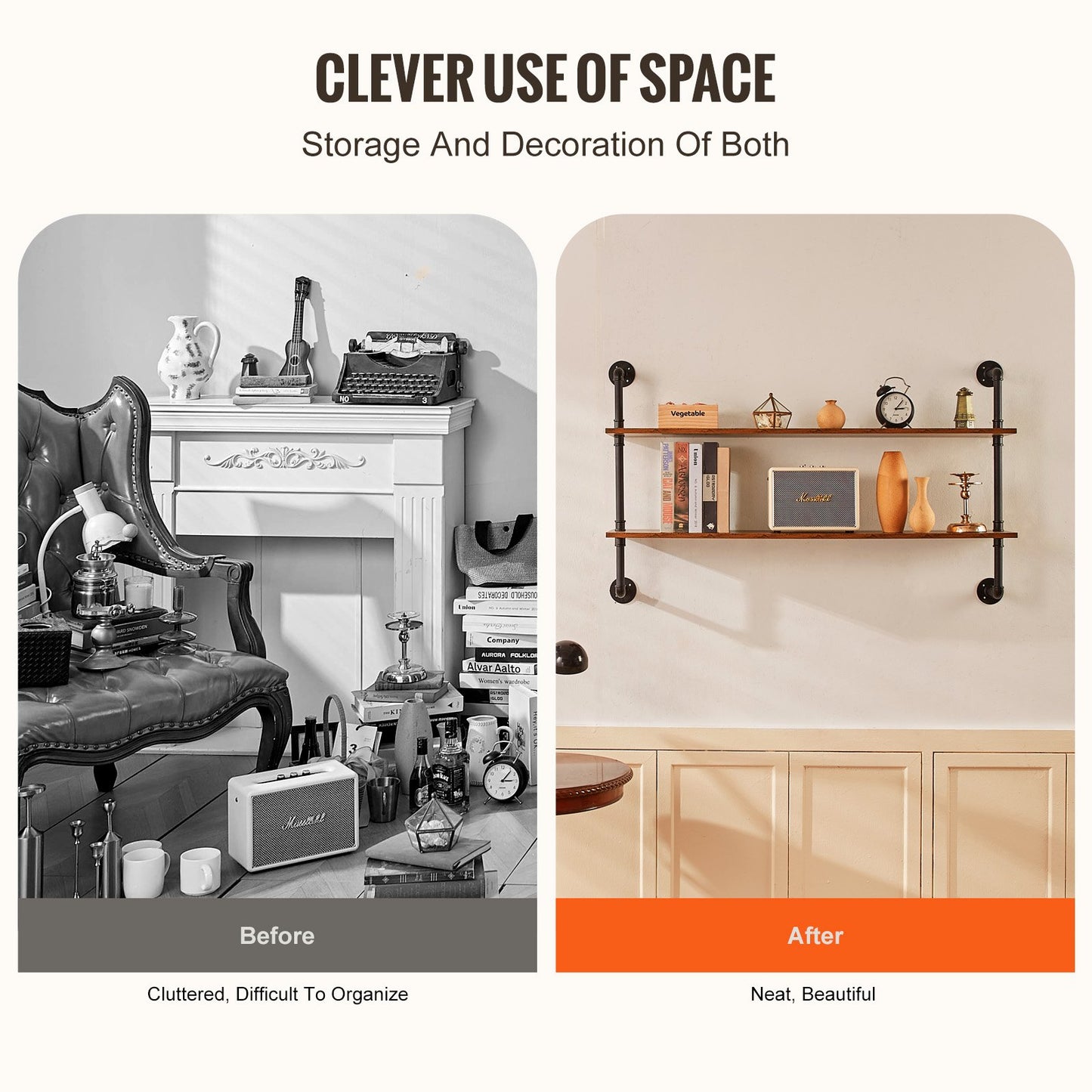 Industrielles Rohrregal, 2-stöckig, 122 x 25 cm, Wandmontage, schwebendes rustikales Holzregal, Aufbewahrungsregal für Küche, Schlafzimmer, Badezimmer, Wohnzimmer, Schwarz