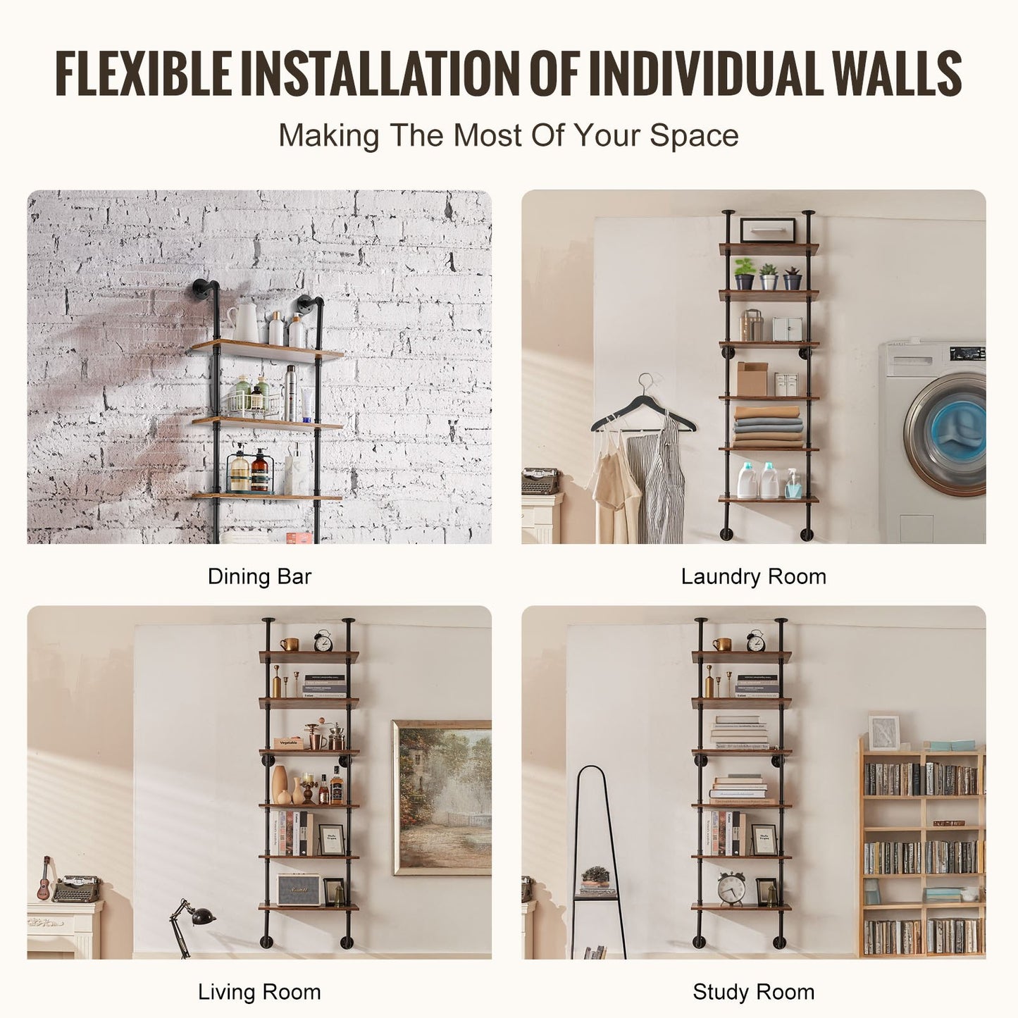 Industrielles Rohrregal, 6 Ebenen, 61 x 25 cm, Wandmontage, schwebendes rustikales Holzregal, Halterung für Bücher, Aufbewahrungsregal für Küchen, Schlafzimmer, Badezimmer und Wohnzimmer, Schwarz