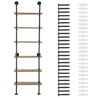 Industrielles Rohrregal, 6 Ebenen, 61 x 25 cm, Wandmontage, schwebendes rustikales Holzregal, Halterung für Bücher, Aufbewahrungsregal für Küchen, Schlafzimmer, Badezimmer und Wohnzimmer, Schwarz