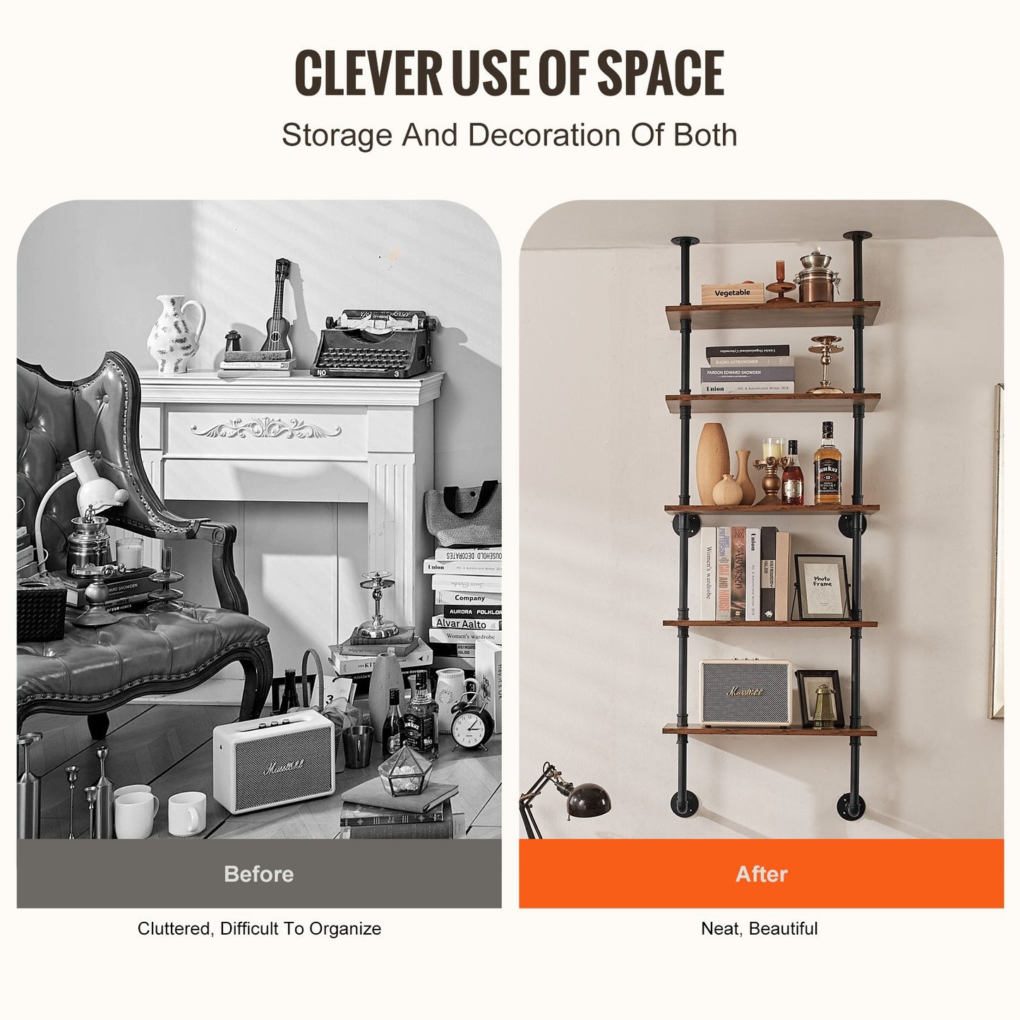 Industrielles Rohrregal, 5-stufig, 61 x 25 cm, Wandmontage, schwebendes rustikales Holzregal, Halterung für Bücher, Aufbewahrungsregal für Küchen, Schlafzimmer, Badezimmer und Wohnzimmer, Schwarz