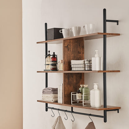 Industrial Pipe Shelf, 3 Tier 41.5x9.84in, Wall-Mount Floating Rustic Wood Shelves Bracket Display Bookshelf, Storage Rack Sundries Holder for Kitchen Bedroom Bathroom Living Room, Black