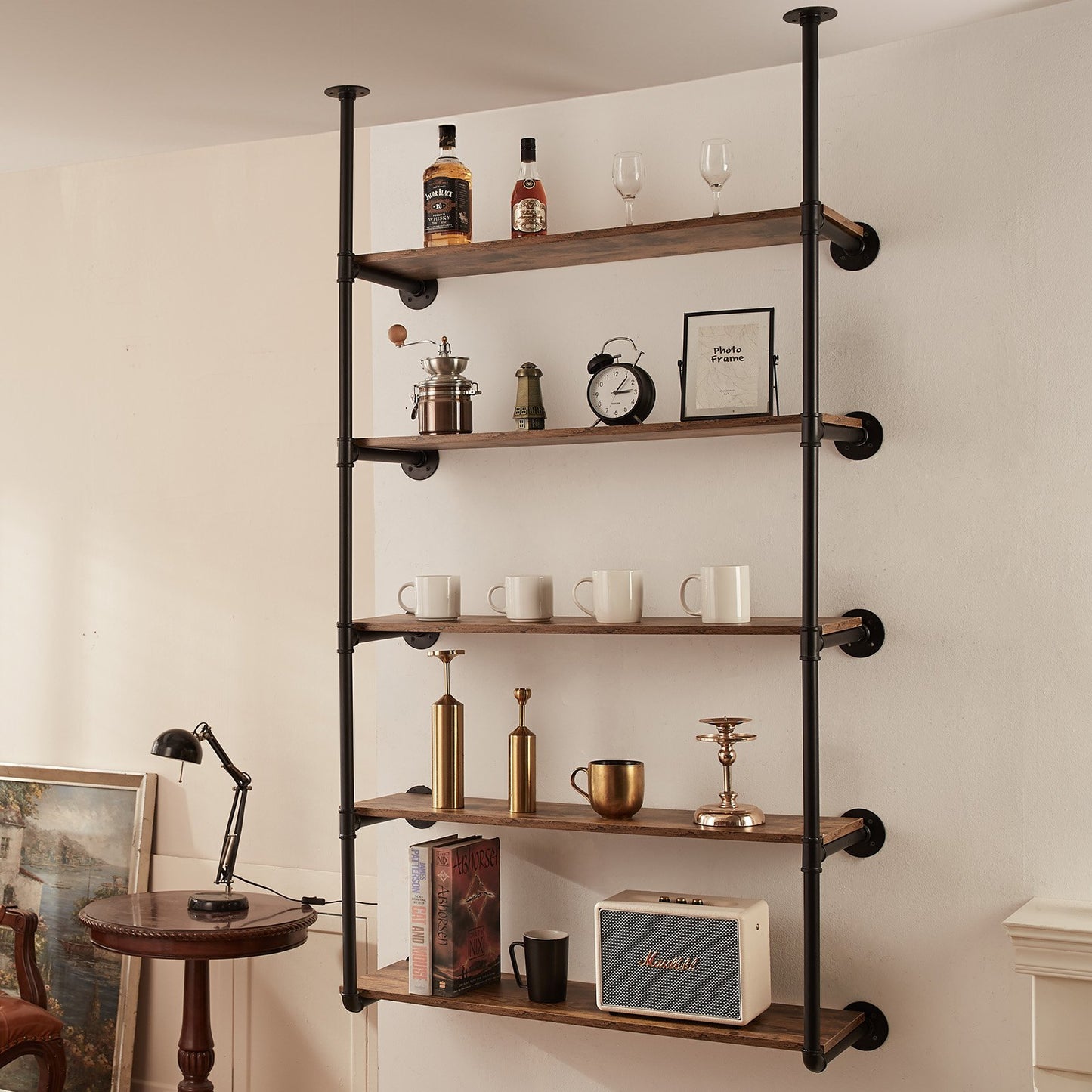 Industrial Pipe Shelf, 5 Tier 2PCS, 11.8in Applicable Board Width Wall-Mount Floating Rustic Wood Shelves Bracket Bookshelf,Storage Holder for Kitchen Bedroom Bathroom, (Planks NOT Included)