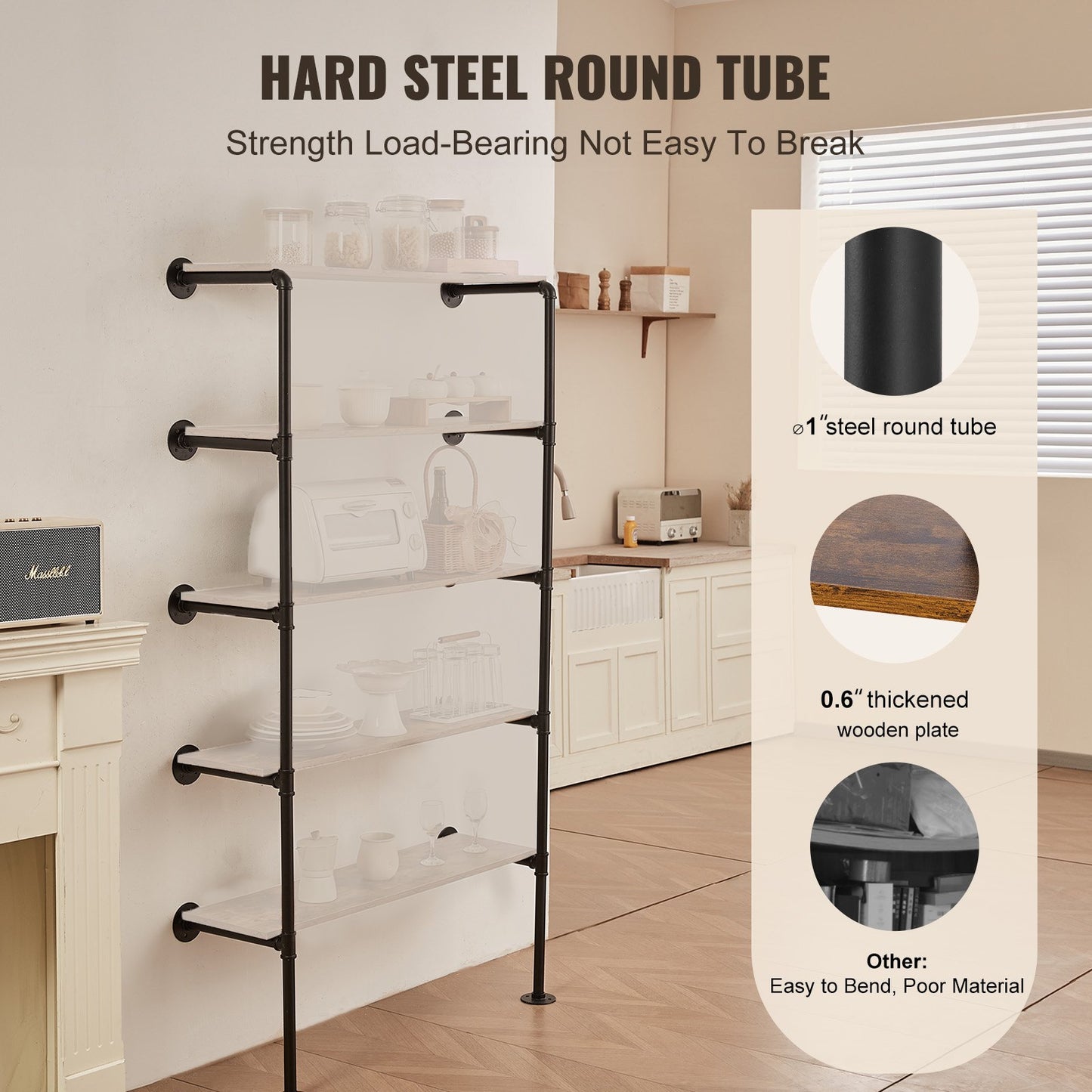 Industrielles Rohrregal, 5 Ebenen, 2 Stück, 25 cm breit, Wandbefestigungsbretter nicht im Lieferumfang enthalten