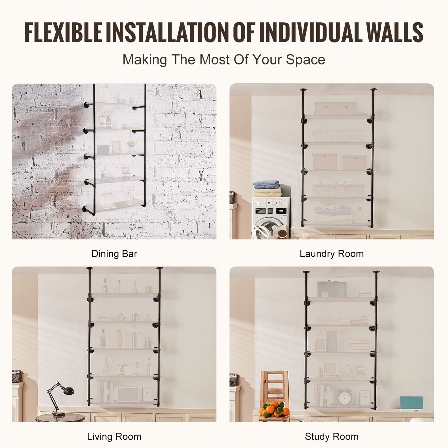 Industrielles Rohrregal, 5 Ebenen, 2 Stück, 25 cm breit, Wandbefestigungsbretter nicht im Lieferumfang enthalten