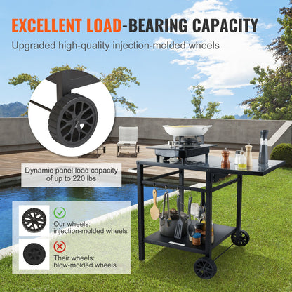 Outdoor Grill Dining Cart with Double-Shelf, BBQ Movable Food Prep Table, Multifunctional Foldable Iron Table Top, Portable Modular Carts for Pizza Oven, Worktable with 2 Wheels, Carry Handle