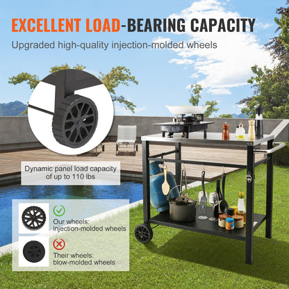 Outdoor Grill Dining Cart with Double-Shelf, BBQ Movable Food Prep Table, Multifunctional Stainless Steel Table Top, Portable Modular Carts for Pizza Oven, Worktable with 2 Wheels, Carry Handle