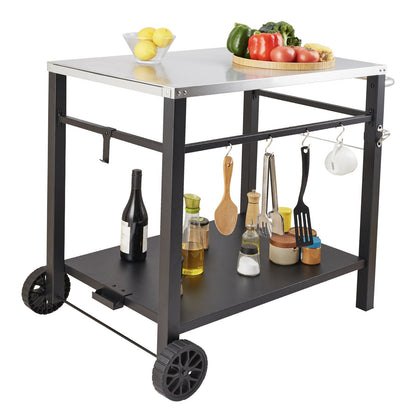 Outdoor Grill Dining Cart with Double-Shelf, BBQ Movable Food Prep Table, Multifunctional Stainless Steel Table Top, Portable Modular Carts for Pizza Oven, Worktable with 2 Wheels, Carry Handle