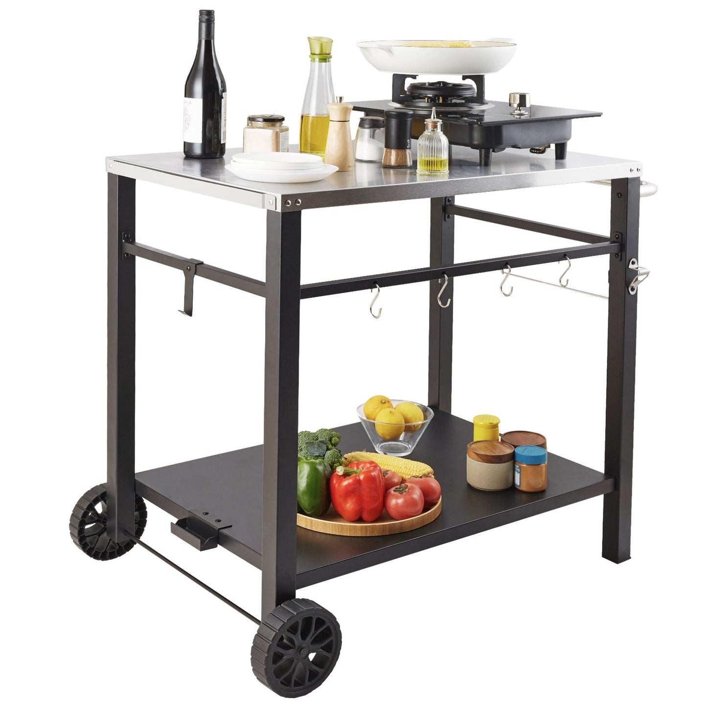 Outdoor Grill Dining Cart with Double-Shelf, BBQ Movable Food Prep Table, Multifunctional Stainless Steel Table Top, Portable Modular Carts for Pizza Oven, Worktable with 2 Wheels, Carry Handle