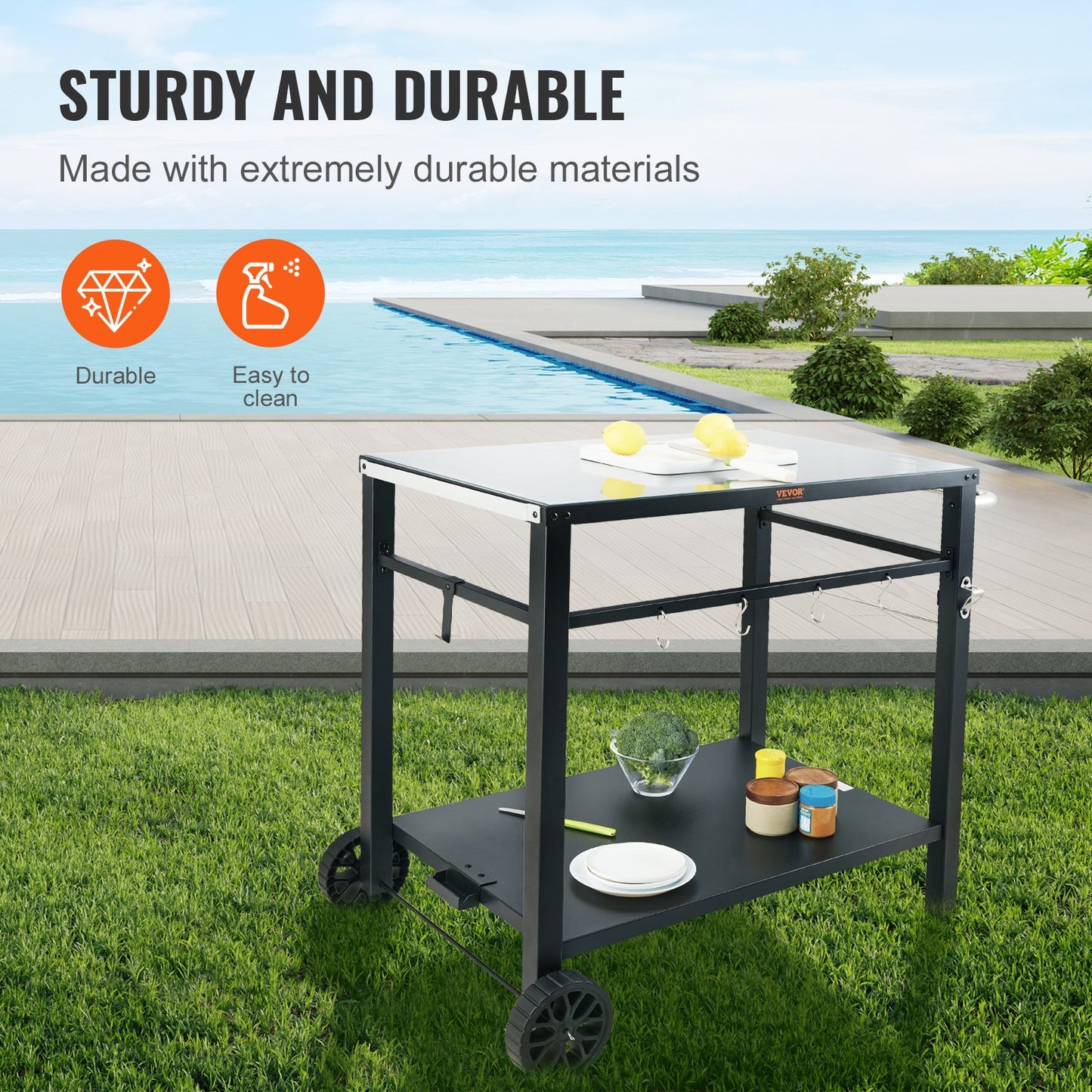 Outdoor Grill Dining Cart with Double-Shelf, BBQ Movable Food Prep Table, Multifunctional Iron Table Top, Portable Modular Carts for Pizza Oven, Worktable with 2 Wheels, Carry Handle, Black