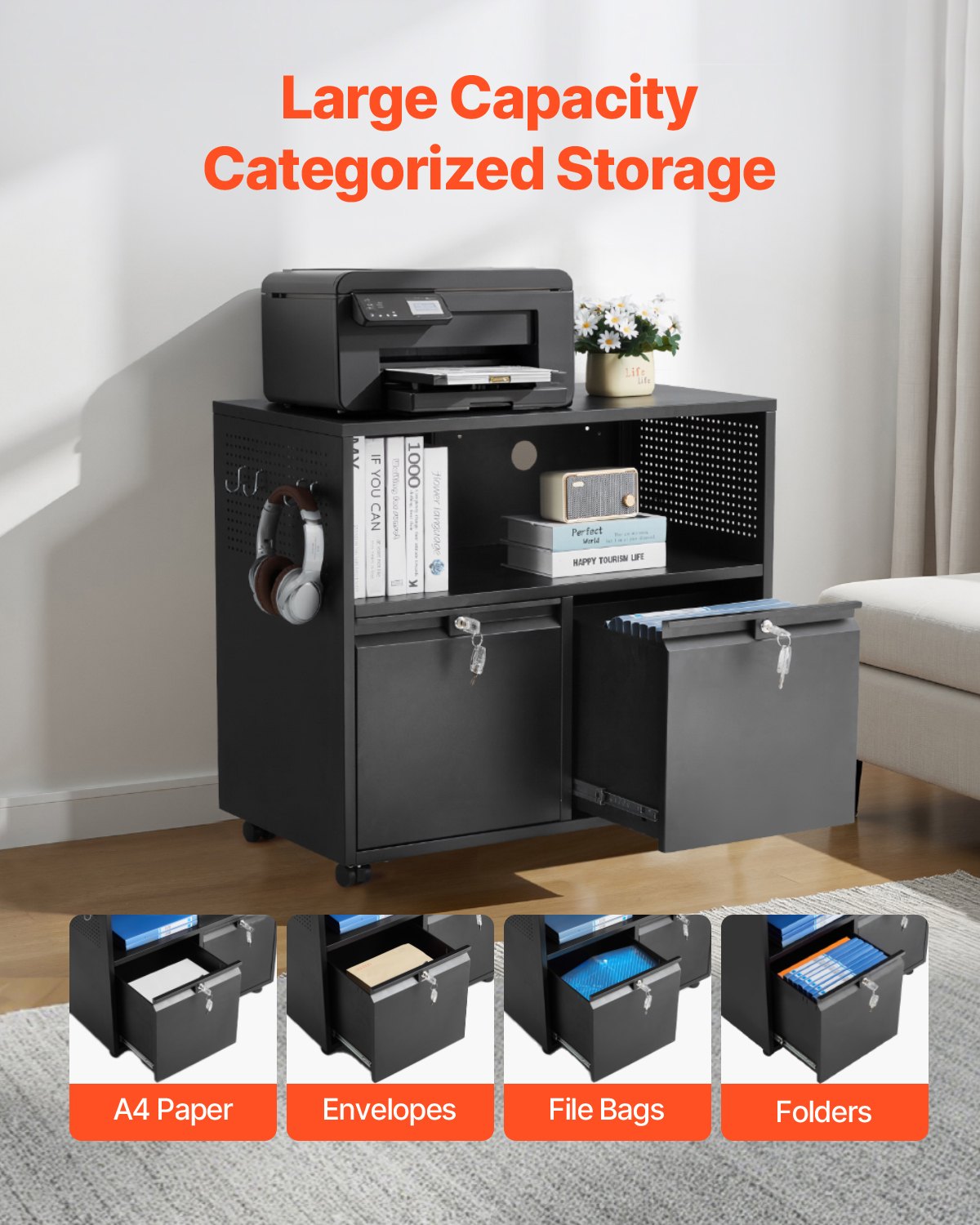 2 Drawers Metal File Cabinet, Lateral Filing Cabinet with Lock and Adjustable Hanging Rods, Wide Filing Storage Cabinets for Home and Office Fit Letter, A4, Legal Size File, Easy Assembly, Black